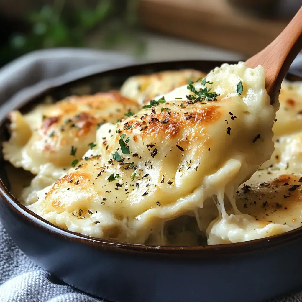 A large bowl of lazy lasagna ravioli surrounded by garlic bread and a side salad, ideal for family dinners.