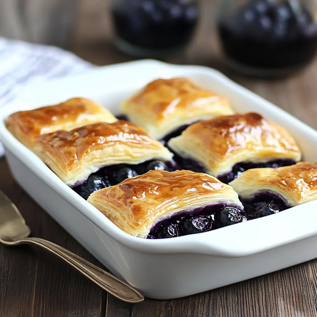 A golden puff pastry filled with sweet blueberry cream cheese filling, dusted with powdered sugar.