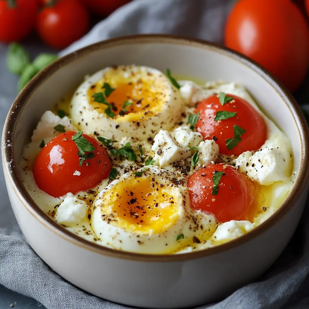 An elegant presentation of baked feta eggs with runny yolks, caramelized onions, and fresh dill, garnished with lemon zest.