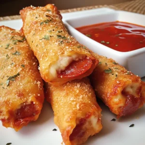 A plate of golden-brown pepperoni pizza egg rolls with melted cheese peeking out, served alongside a bowl of marinara sauce.