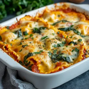 Hearty ravioli stuffed with spinach and ricotta, baked in a savory tomato marinara sauce and crowned with golden brown mozzarella.