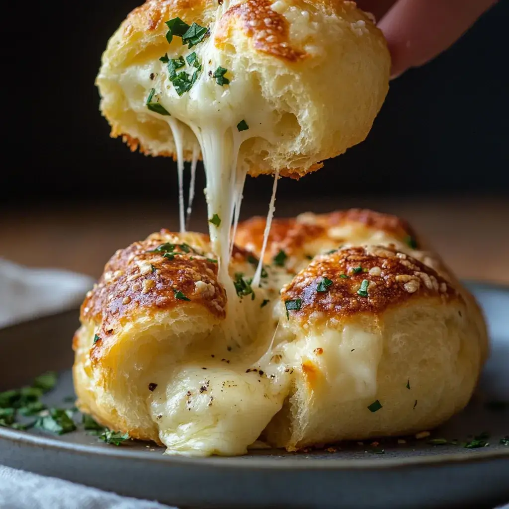 A golden-brown biscuit stuffed with gooey melted mozzarella cheese, oozing out when bitten into.