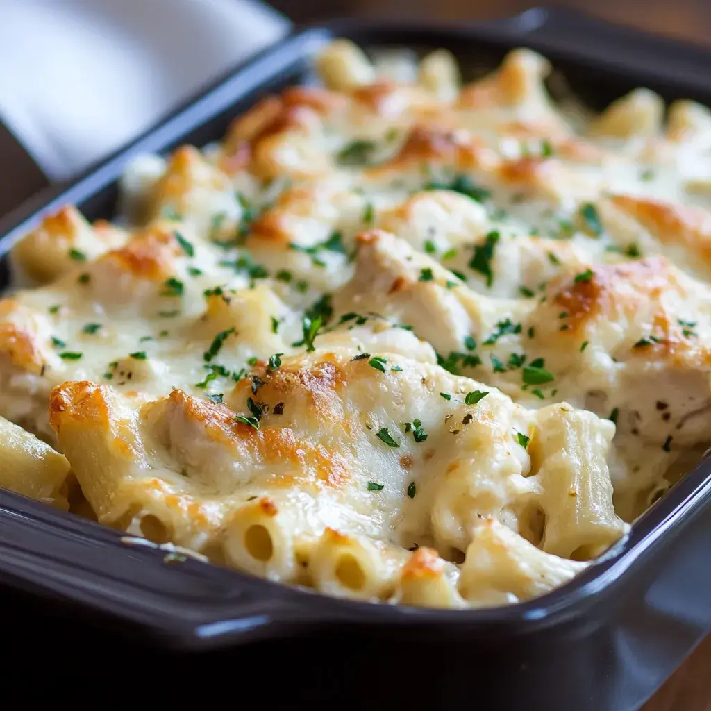 A golden-baked Chicken Alfredo casserole topped with melted mozzarella cheese and fresh parsley.