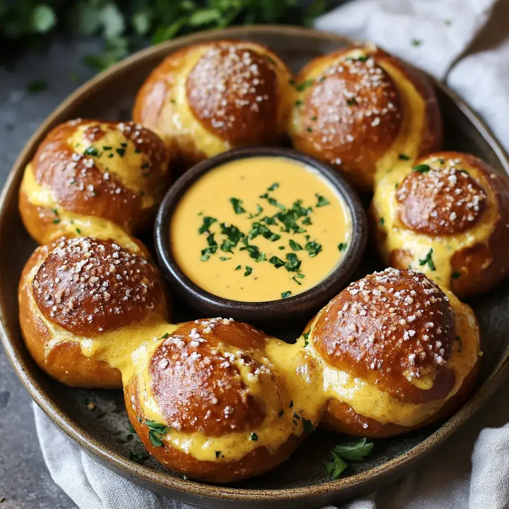 A plate of warm, chewy soft pretzel bites served with a creamy golden vegan cheese sauce.