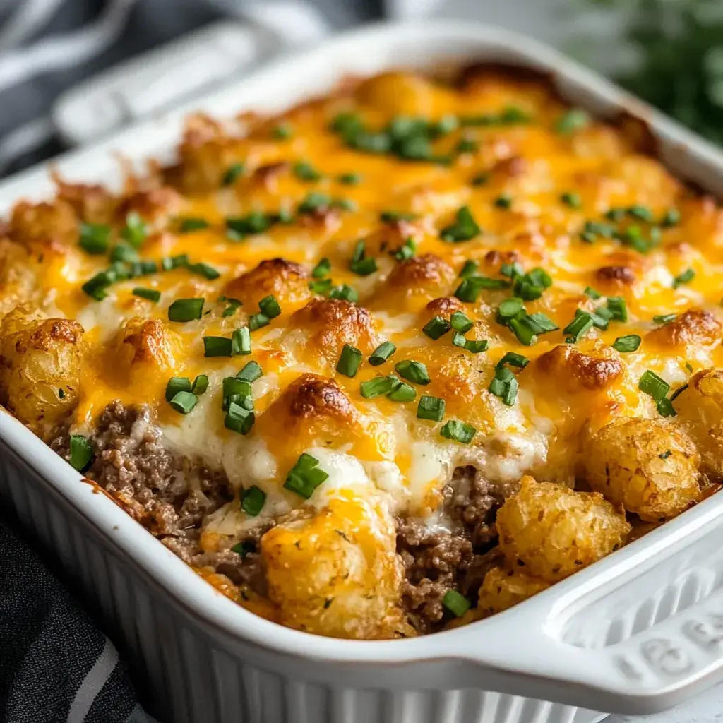 An elevated tater tot casserole featuring gourmet ground beef, fresh herbs, and a crunchy tater tot topping garnished with green onions.