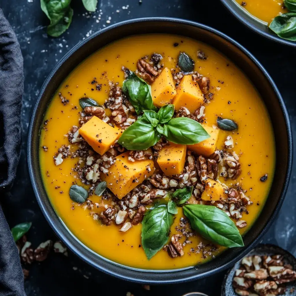 A steaming bowl of golden butternut squash soup topped with a dollop of crème fraîche and fresh thyme.