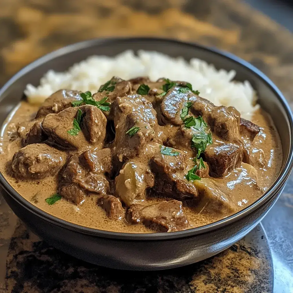 A hearty bowl of homemade beef stroganoff with tender beef strips, creamy mushroom sauce, and egg noodles.