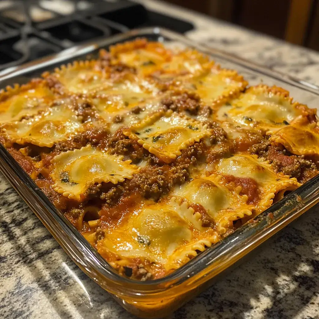 An elevated lazy lasagna featuring frozen cheese ravioli, homemade marinara, fresh basil, and grated Parmesan.