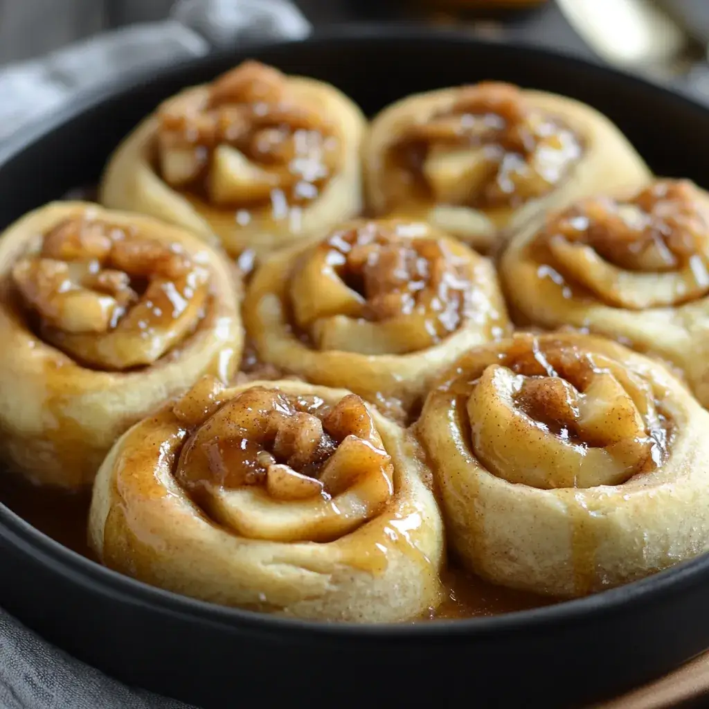 A batch of freshly baked caramel apple cinnamon rolls straight from the oven, ready to be enjoyed on a lazy weekend morning.