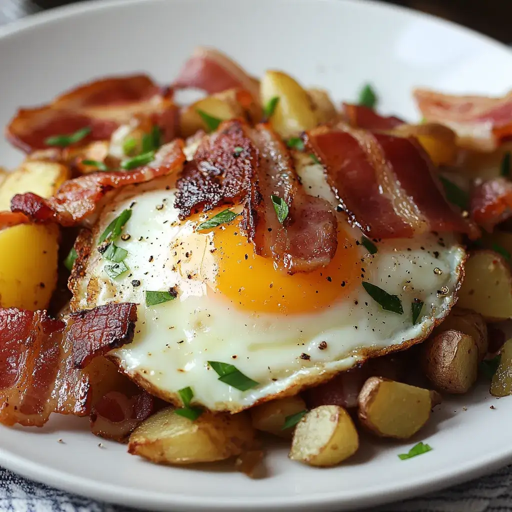 An elevated version of bacon, egg, and potato hash garnished with microgreens, truffle oil, and grated Parmesan.