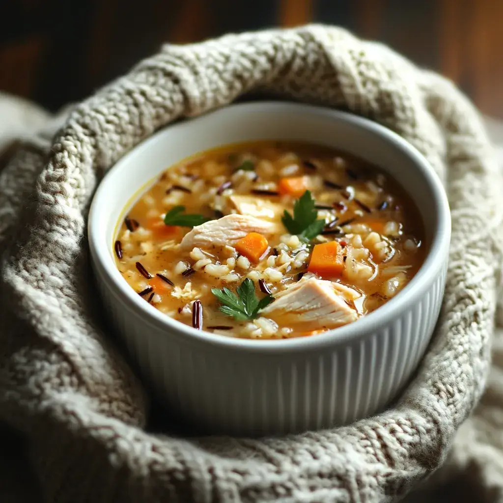 A steaming bowl of creamy chicken and wild rice soup filled with tender chunks of chicken, hearty wild rice, and fresh vegetables.