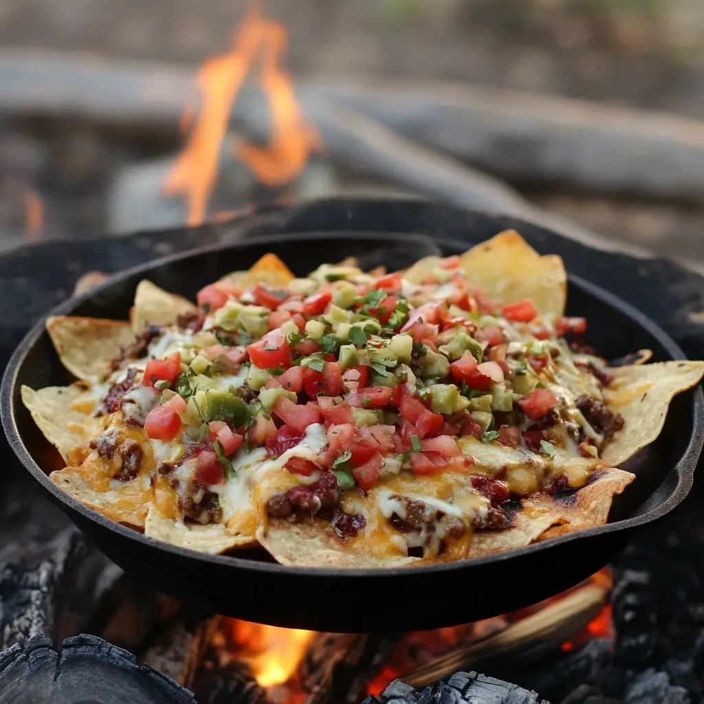 Family enjoying campfire grilled nachos together during a camping trip.