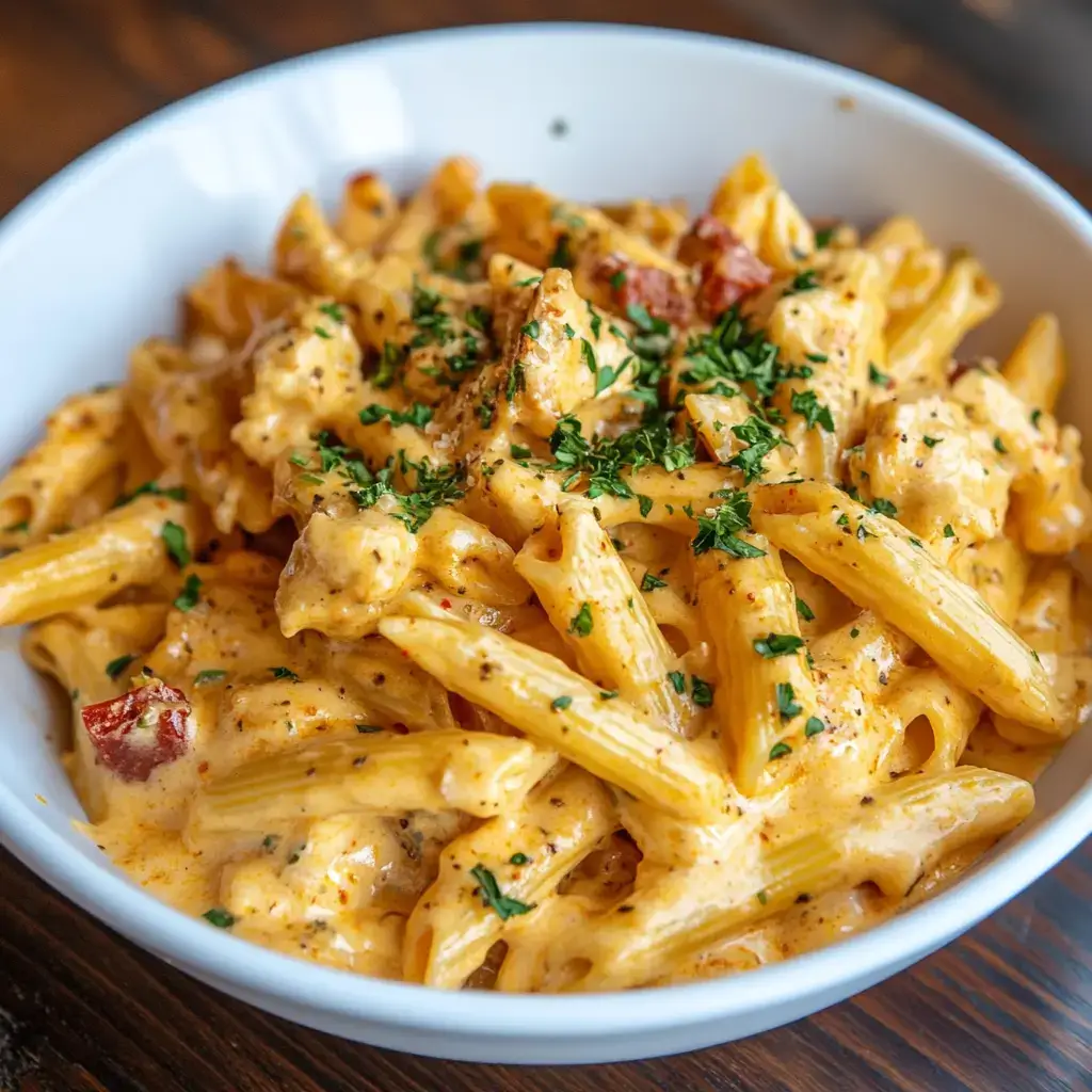 A plate of creamy crack chicken penne pasta with shredded chicken, melted cheese, and crispy bacon bits.