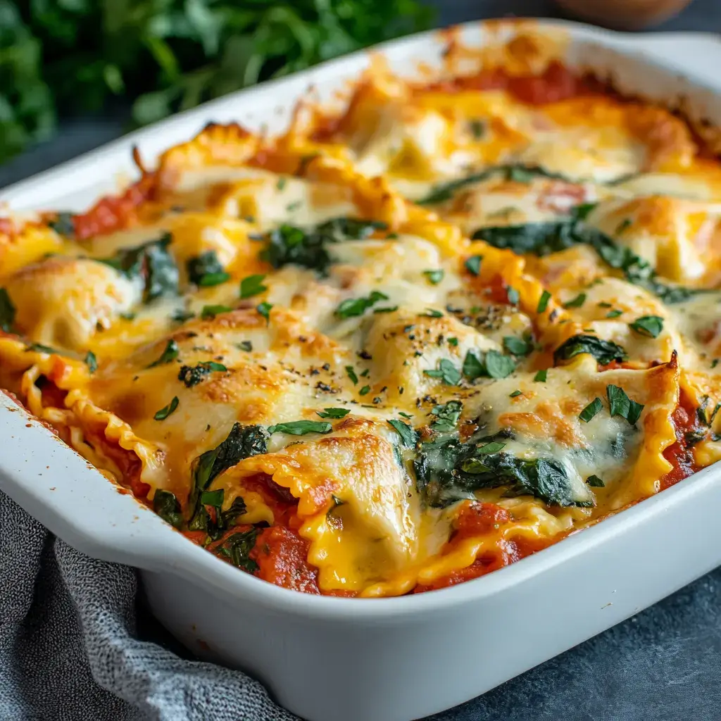 Hearty ravioli stuffed with spinach and ricotta, baked in a savory tomato marinara sauce and crowned with golden brown mozzarella.