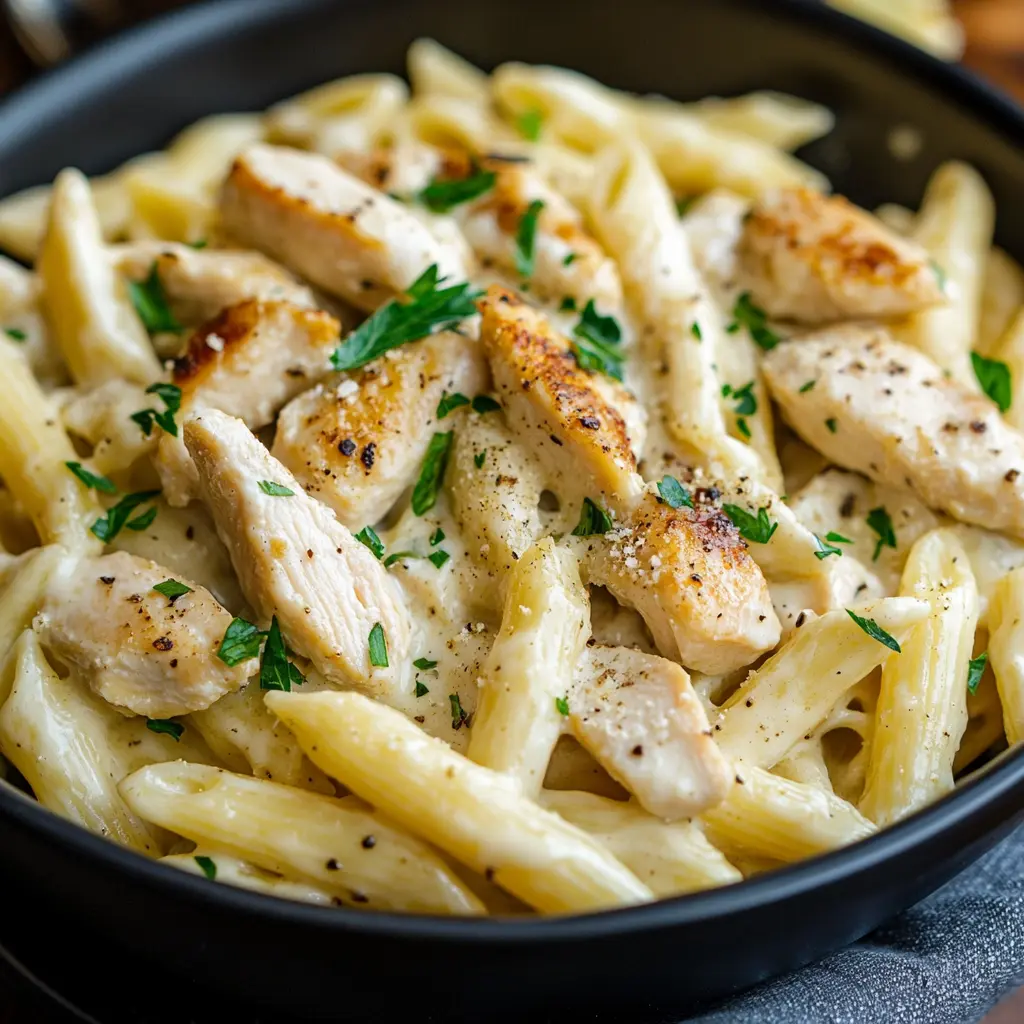A hearty serving of Chicken Alfredo Pasta with crispy garlic bread on the side, perfect for a quick dinner.