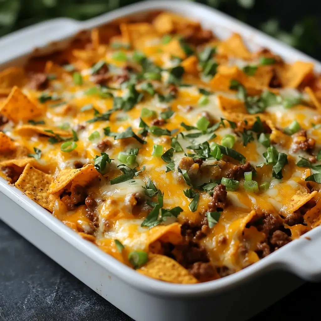 A hearty Doritos casserole filled with ground beef, cheddar cheese, and layers of crushed Doritos, ready for family dinner.