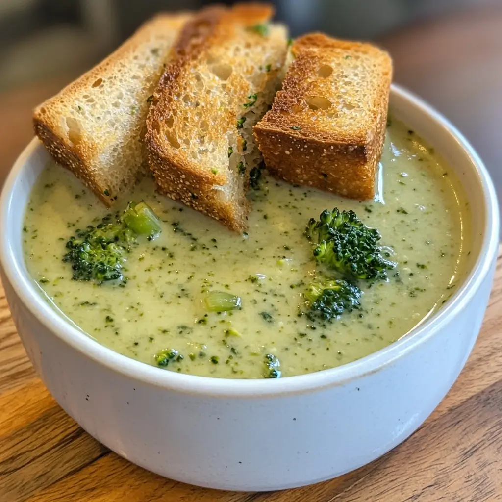 A steaming bowl of creamy Broccoli Cheddar Soup topped with melted cheddar cheese and croutons.