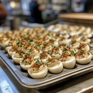 Step-by-step process of smoking deviled eggs in a pellet smoker, showing the setup and finished product.
