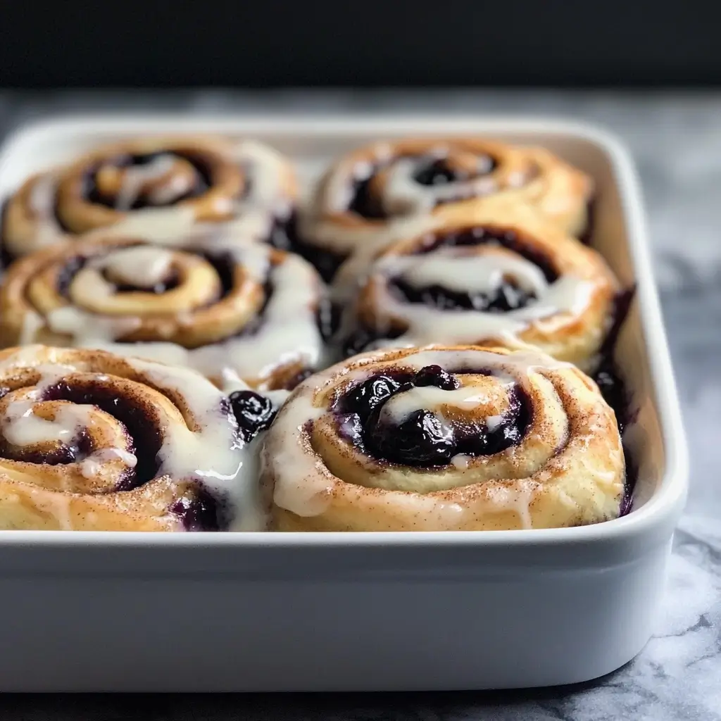 A tray of warm, fluffy blueberry cinnamon rolls topped with creamy vanilla glaze.