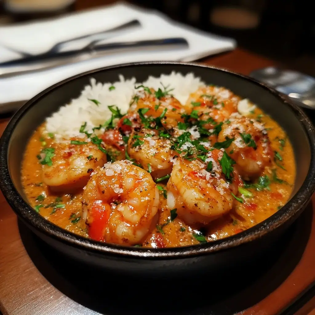 An elevated plate of shrimp étouffée pappadeaux topped with crispy fried green onions and a sprinkle of cayenne pepper.
