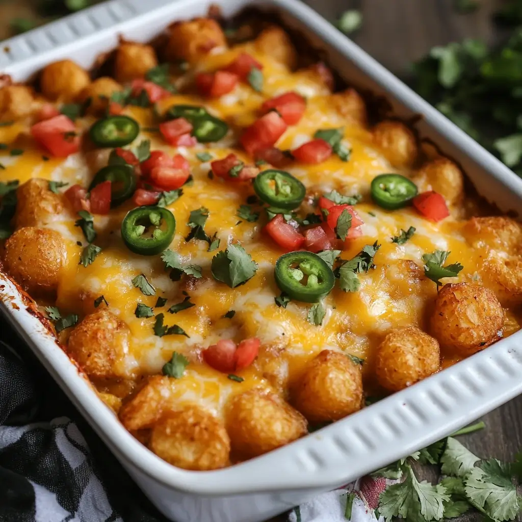 An elevated Mexican tater tot casserole featuring fresh avocado slices, cotija cheese, and cilantro garnish.