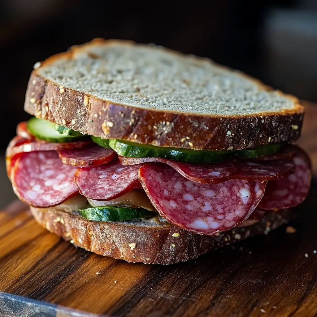 An elevated salami sandwich featuring premium cured salami, arugula, roasted red peppers, and balsamic glaze on artisan sourdough bread.