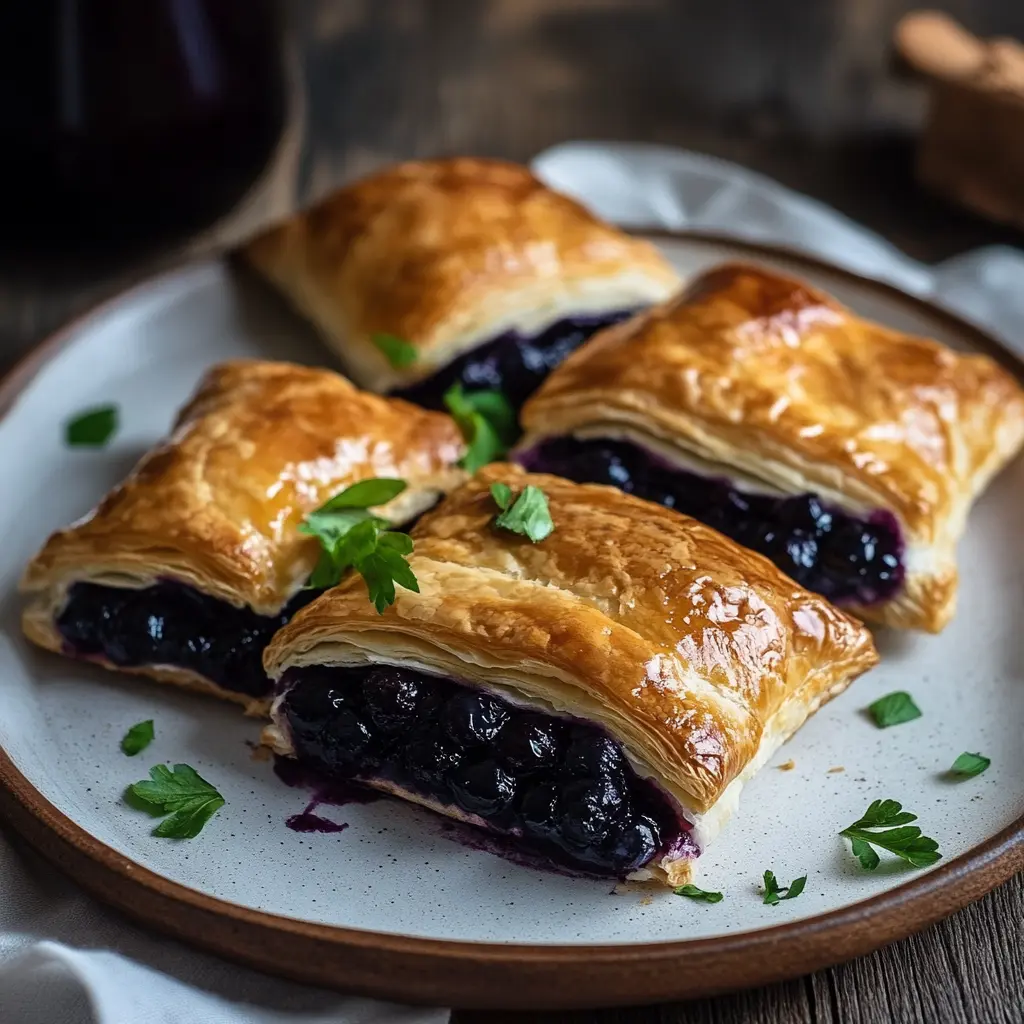 An elevated blueberry cream cheese puff pastry garnished with fresh blueberries and a drizzle of honey.