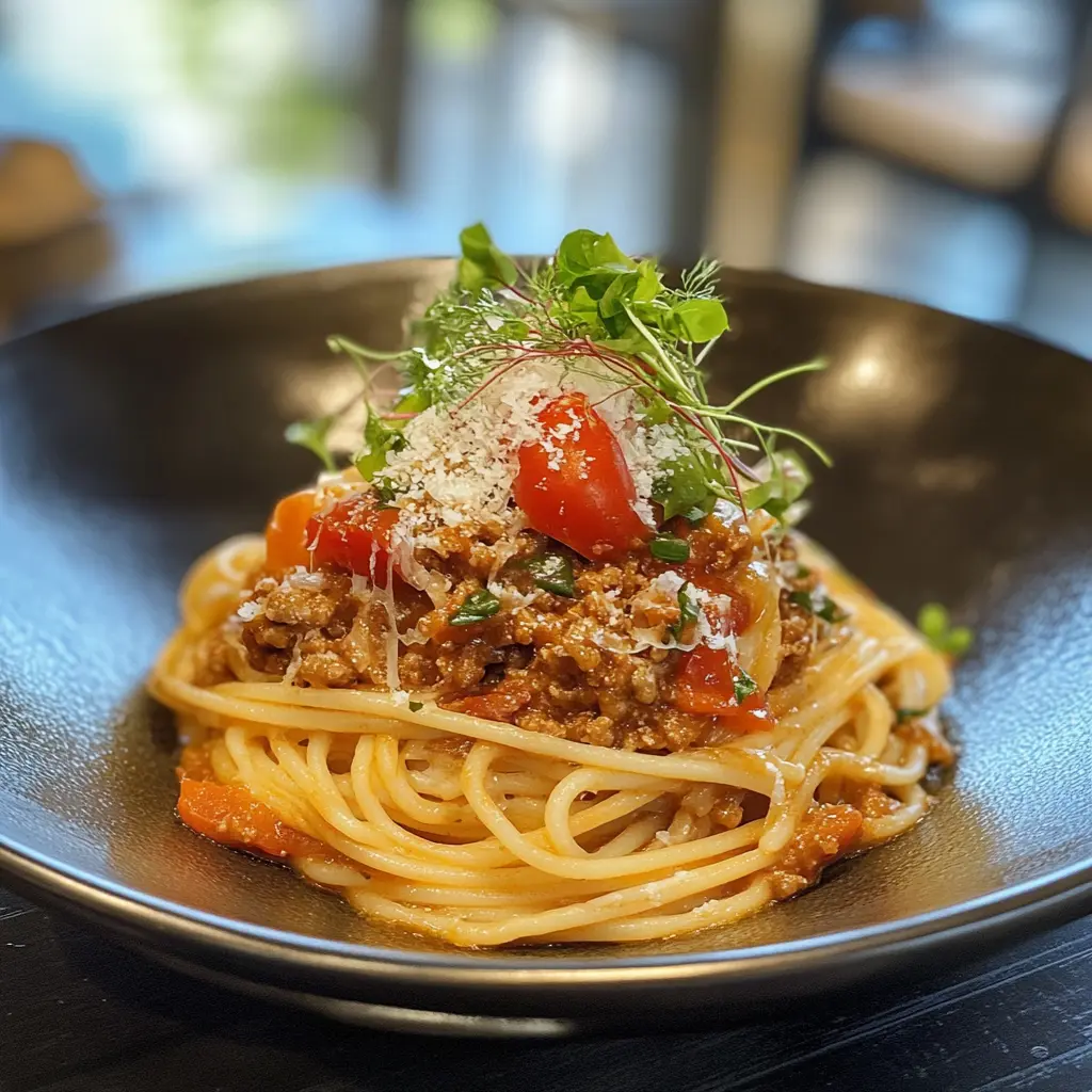 An elevated plate of spaghetti bolognese garnished with microgreens, shaved Parmesan, and a drizzle of olive oil.