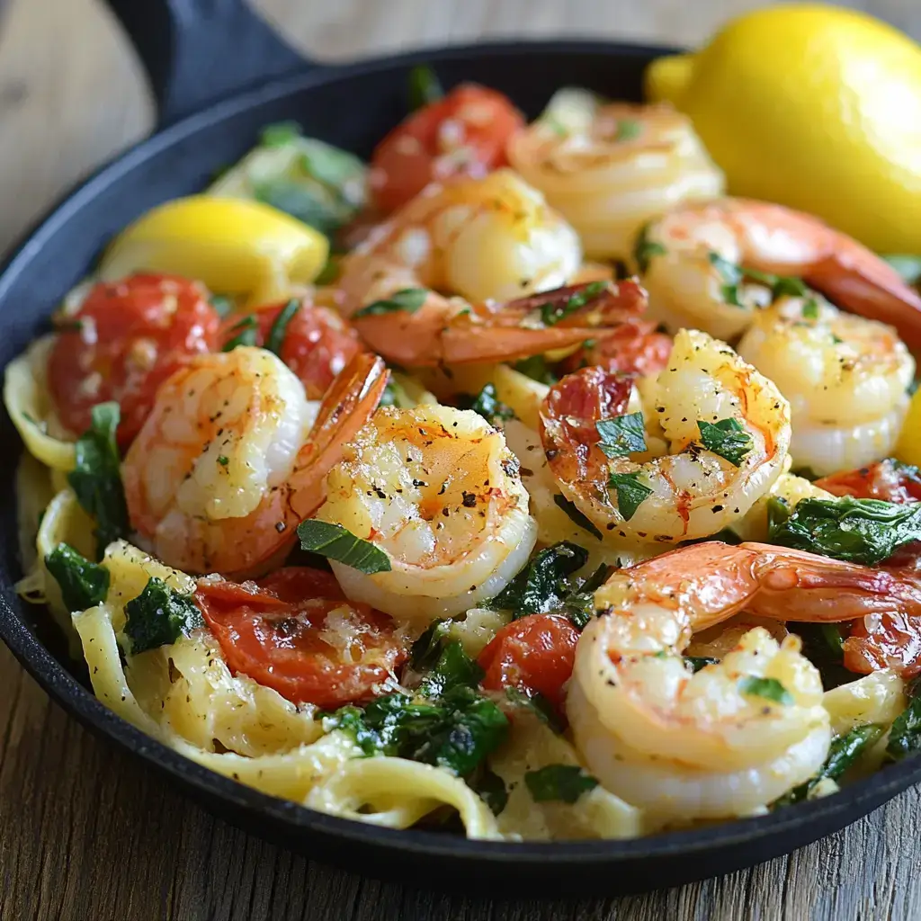 A hearty serving of Lemon Garlic Shrimp Pasta with crisp asparagus spears and crusty bread on the side.