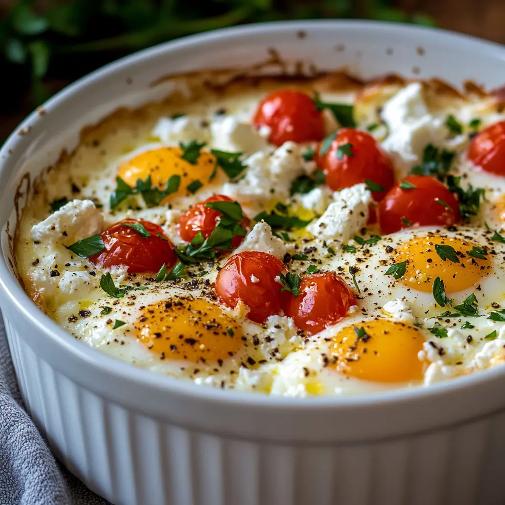 A shallow dish of baked feta eggs topped with poached eggs, cherry tomatoes, and fresh spinach, served with crusty bread.