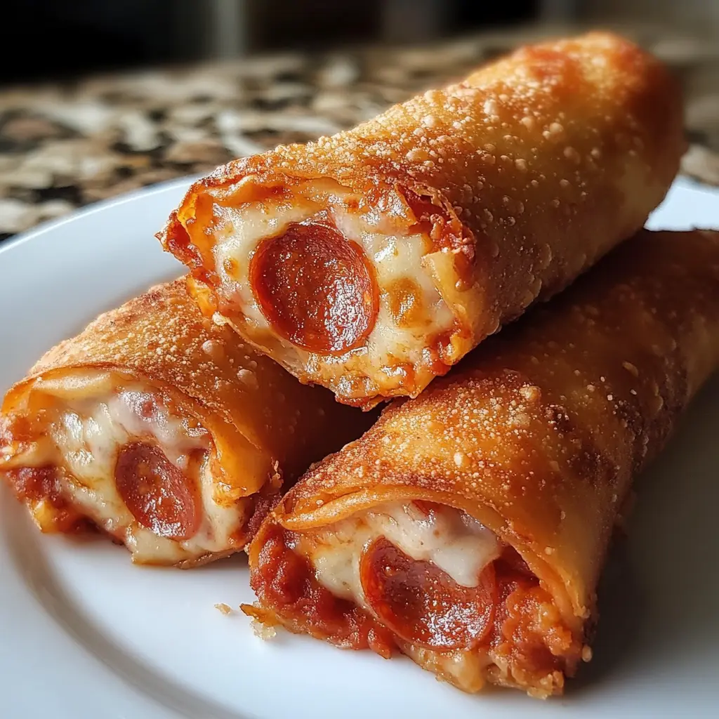 Step-by-step photo showing how to roll up a pepperoni pizza egg roll using a square wrapper and filling.