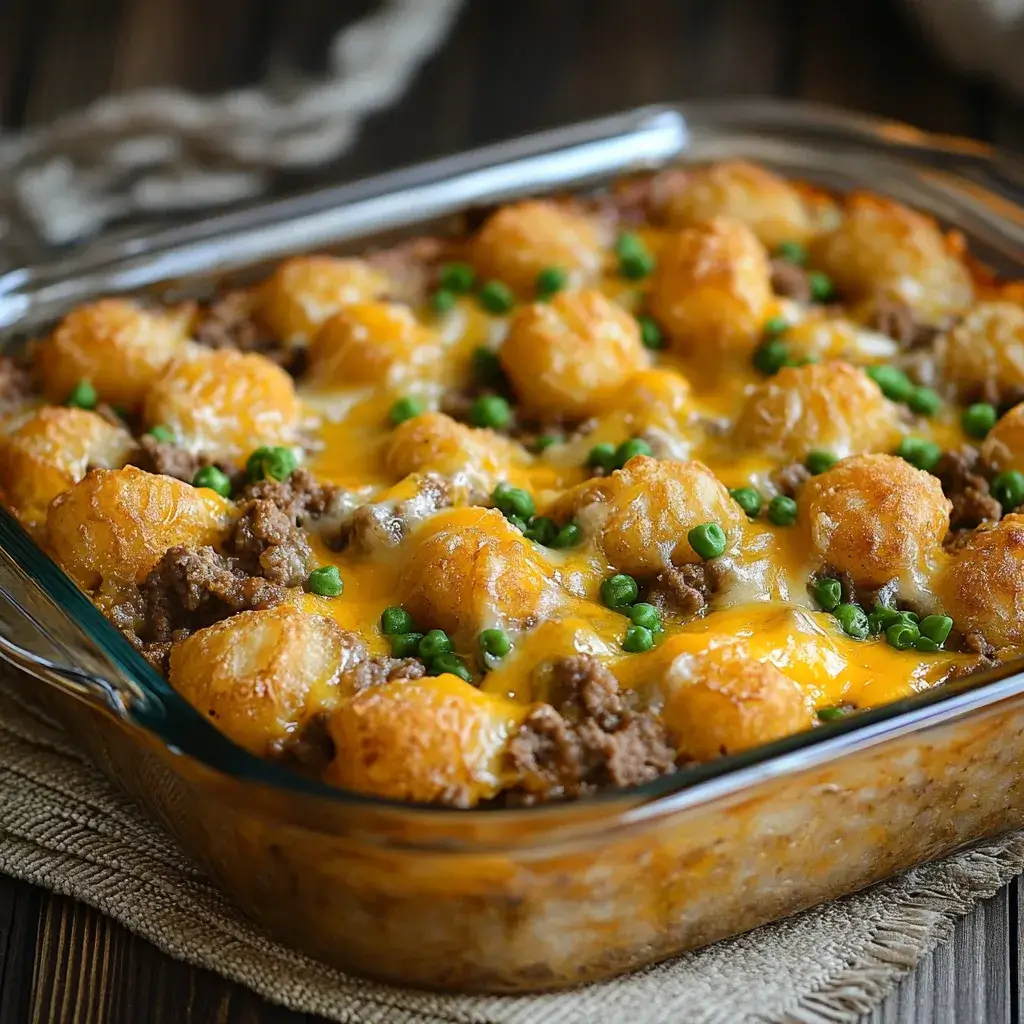A golden-brown tater tot casserole filled with seasoned ground beef, creamy cheese, and crispy tater tots on top.