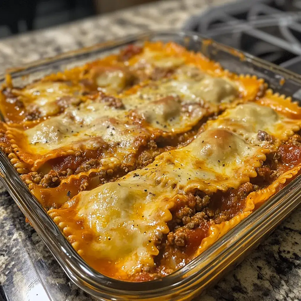 An elevated lazy lasagna featuring frozen cheese ravioli, homemade marinara, fresh basil, and grated Parmesan.