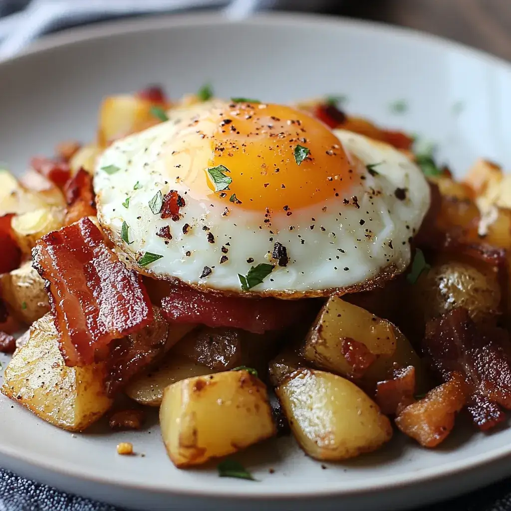 A hearty plate of crispy bacon, sunny-side-up eggs, and golden-brown potato hash served with fresh parsley.