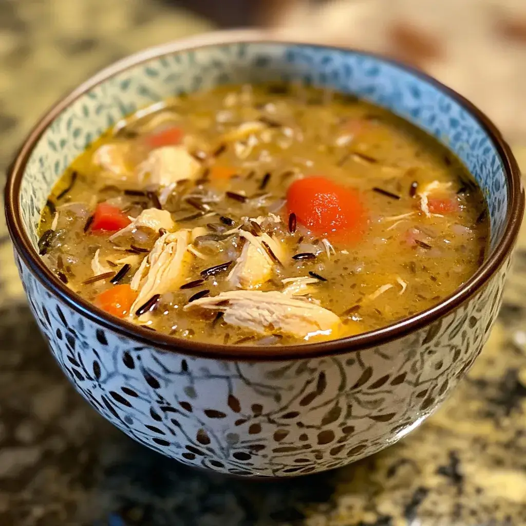 An elevated bowl of chicken and wild rice soup garnished with crispy bacon bits, fresh thyme, and a swirl of cream.