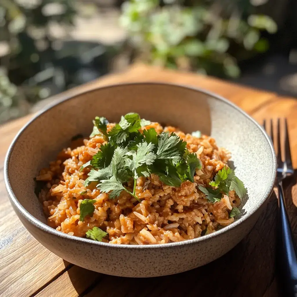 A steaming bowl of Joanna Gaines' Mexican rice, vibrant with sautéed onions, garlic, and tomatoes, served alongside beans and avocado.