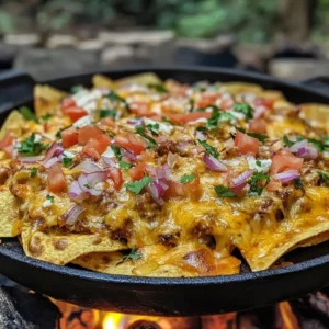 Campfire grilled nachos with melted cheese, ground beef, and fresh toppings on aluminum foil.