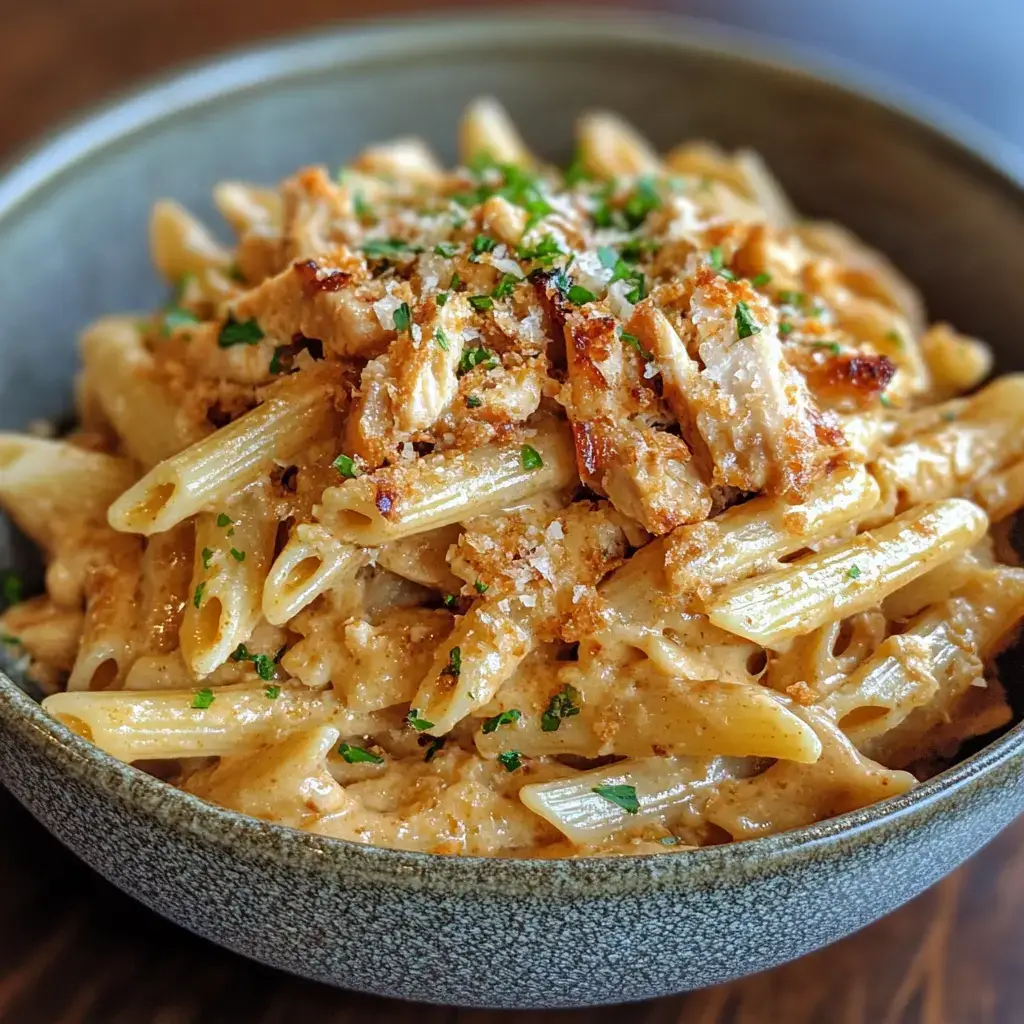A large serving of crack chicken penne pasta on a wooden board, garnished with extra shredded cheese and fresh parsley.