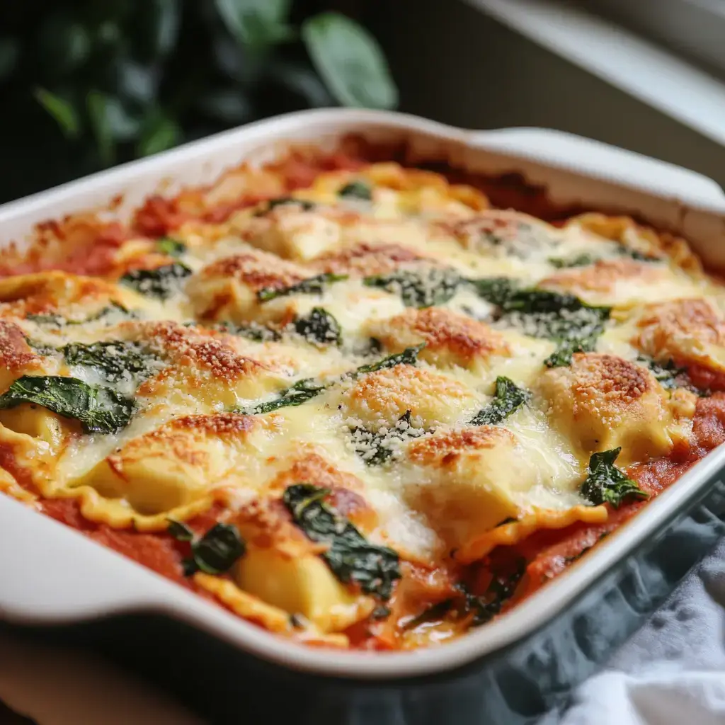 A tray of baked ravioli layered with spinach, marinara sauce, and oozing mozzarella cheese, ready to serve.
