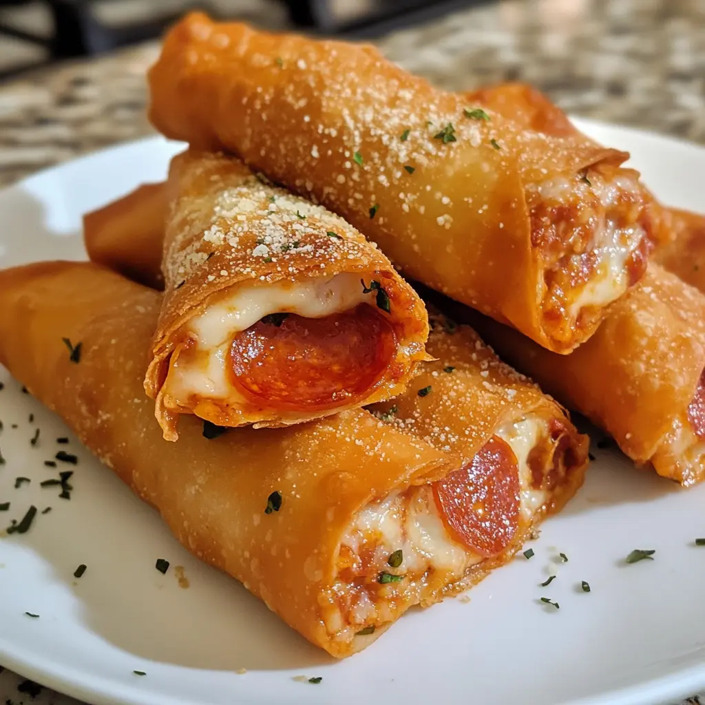 A close-up shot of pepperoni pizza egg rolls frying in hot oil, turning golden brown.