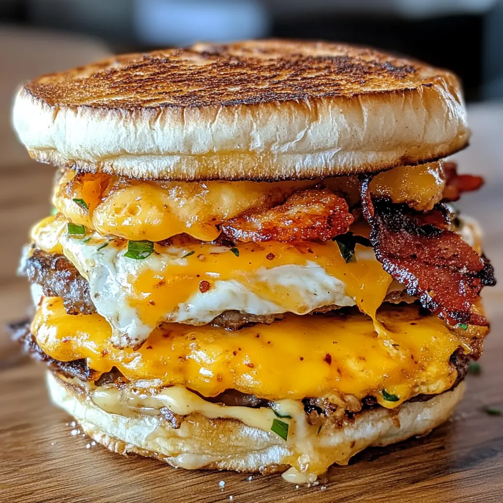A hearty breakfast sandwich piled high with sausage patties, scrambled eggs, cheddar cheese, and ketchup on a soft bagel.