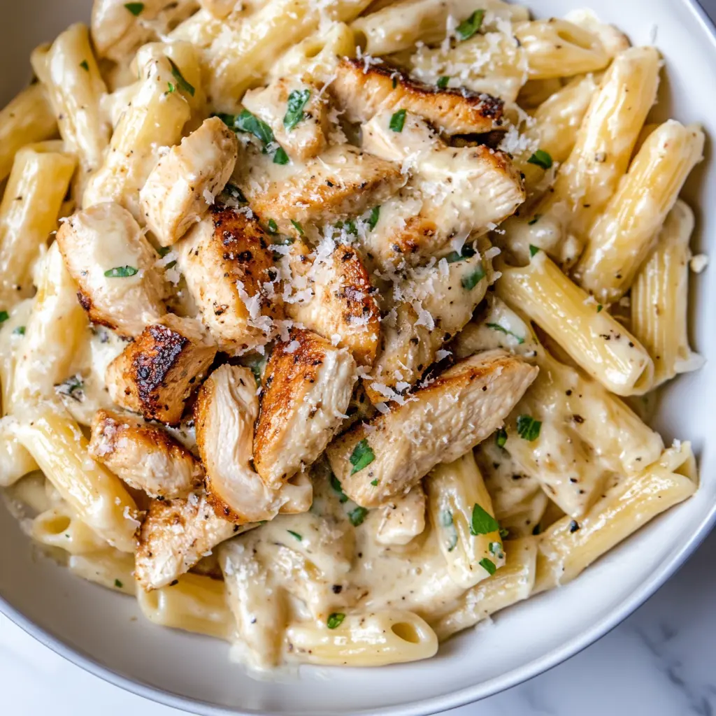 A large platter of Chicken Alfredo Pasta surrounded by crusty bread and a side salad, ideal for family dinners.