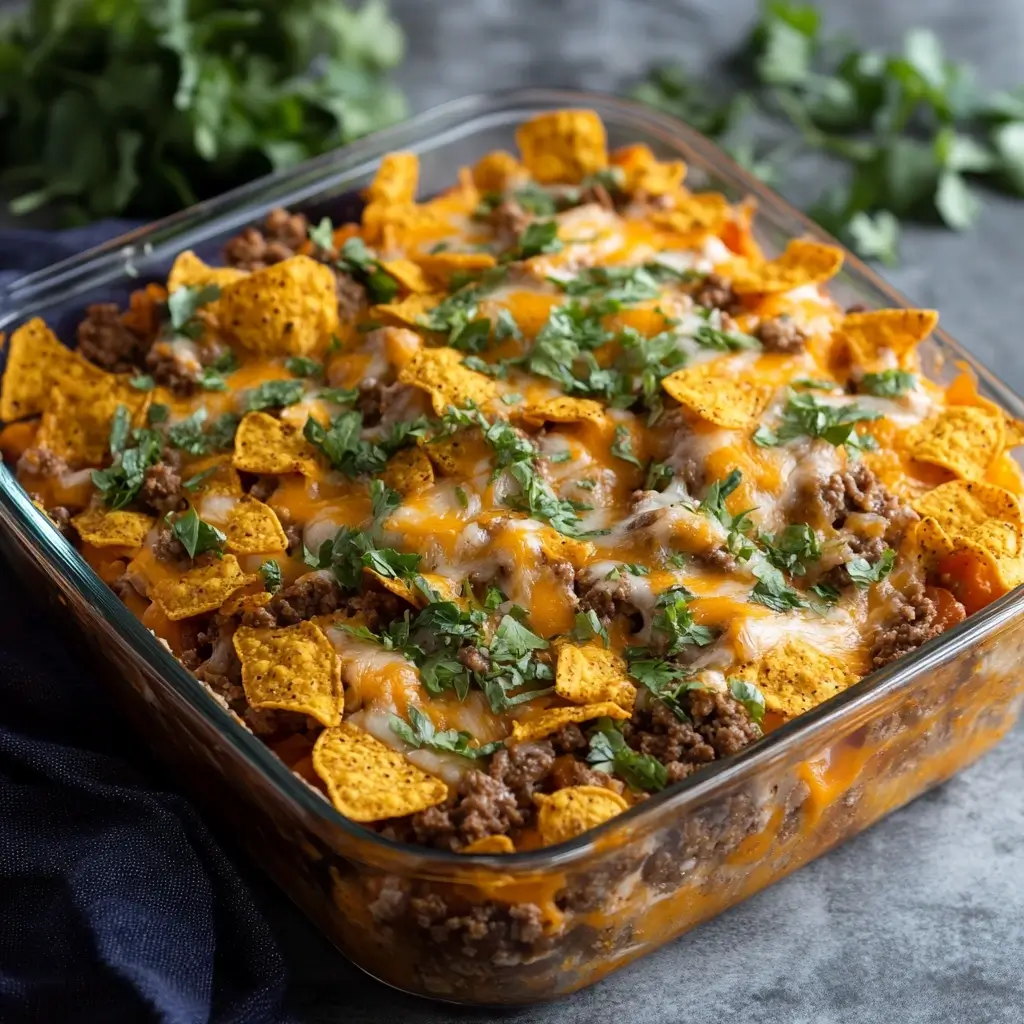 A golden-brown Doritos casserole topped with crushed Doritos, cooked ground beef, and melted cheese.