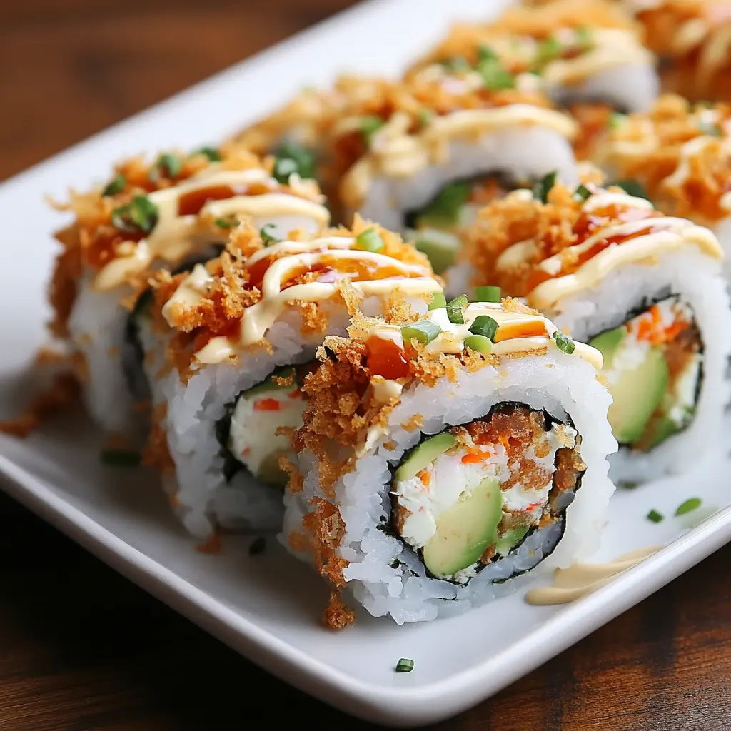 A plate of freshly made California crunch rolls served with soy sauce, pickled ginger, and wasabi for dipping.