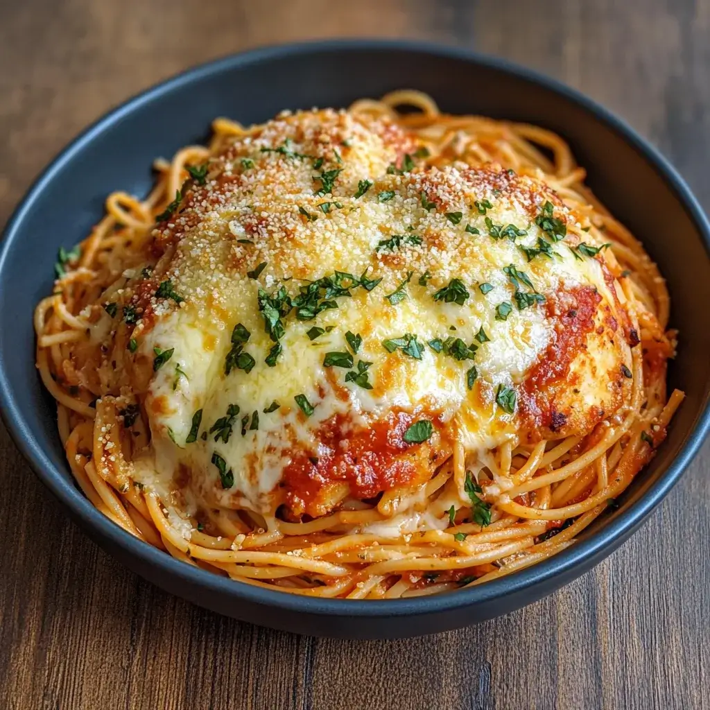 A large platter of Chicken Parmesan Pasta surrounded by garlic bread and a fresh salad, perfect for family dinners.