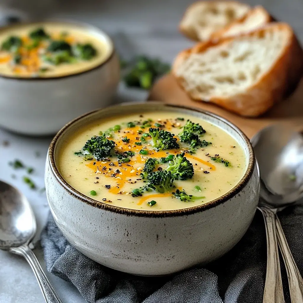 A large pot of Broccoli Cheddar Soup surrounded by crusty bread and butter, perfect for family dinners.