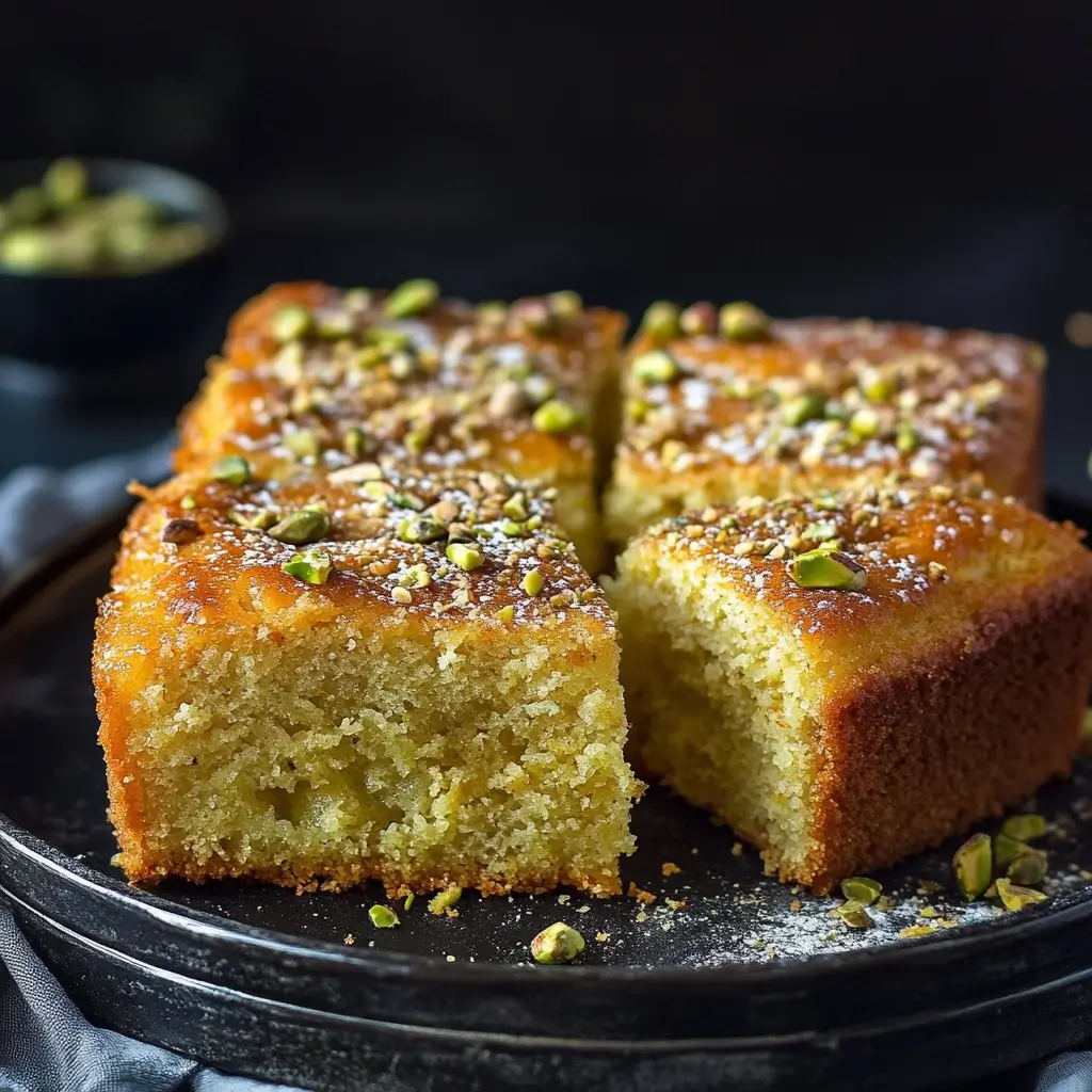 An elegant slice of pistachio gooey butter cake adorned with crushed pistachios and a dusting of powdered sugar.