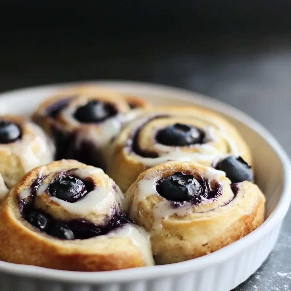 A platter of decadent blueberry cinnamon rolls garnished with powdered sugar, perfect for holiday gatherings.