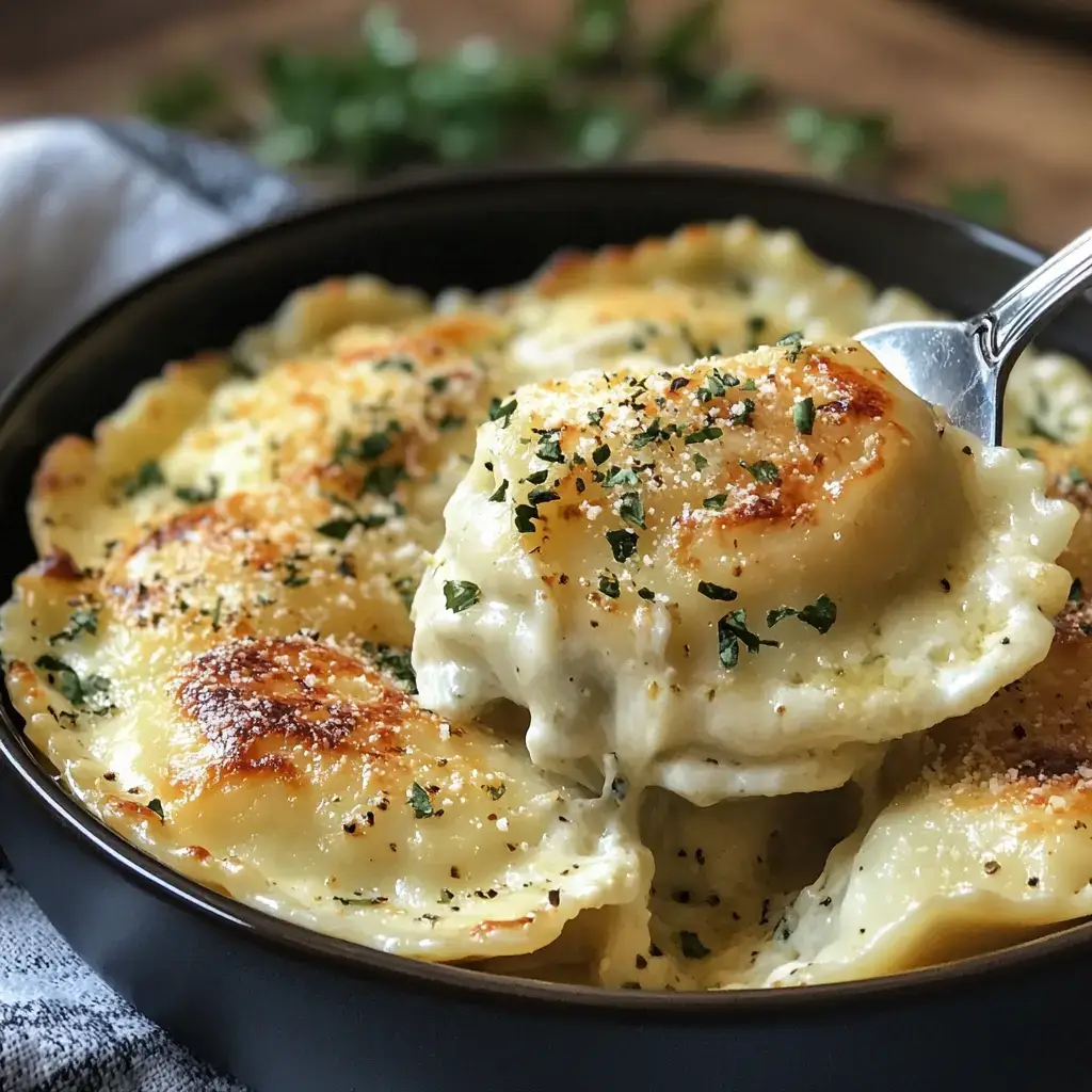 A plate of lazy lasagna ravioli topped with marinara sauce and melted mozzarella cheese, served with fresh basil.