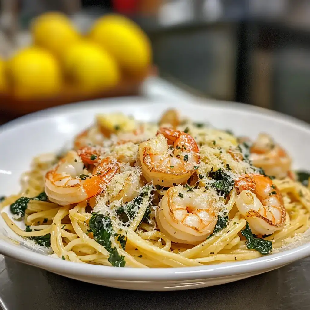 A platter of Lemon Garlic Shrimp Pasta garnished with lemon wedges, fresh herbs, and microgreens, ideal for gatherings.